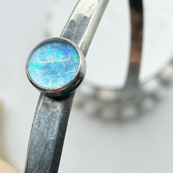Vtg Sterling Silver Cuff Lab Created Opal Cabochon Thin Cuff Bracelet Southwest - Picture 2 of 13